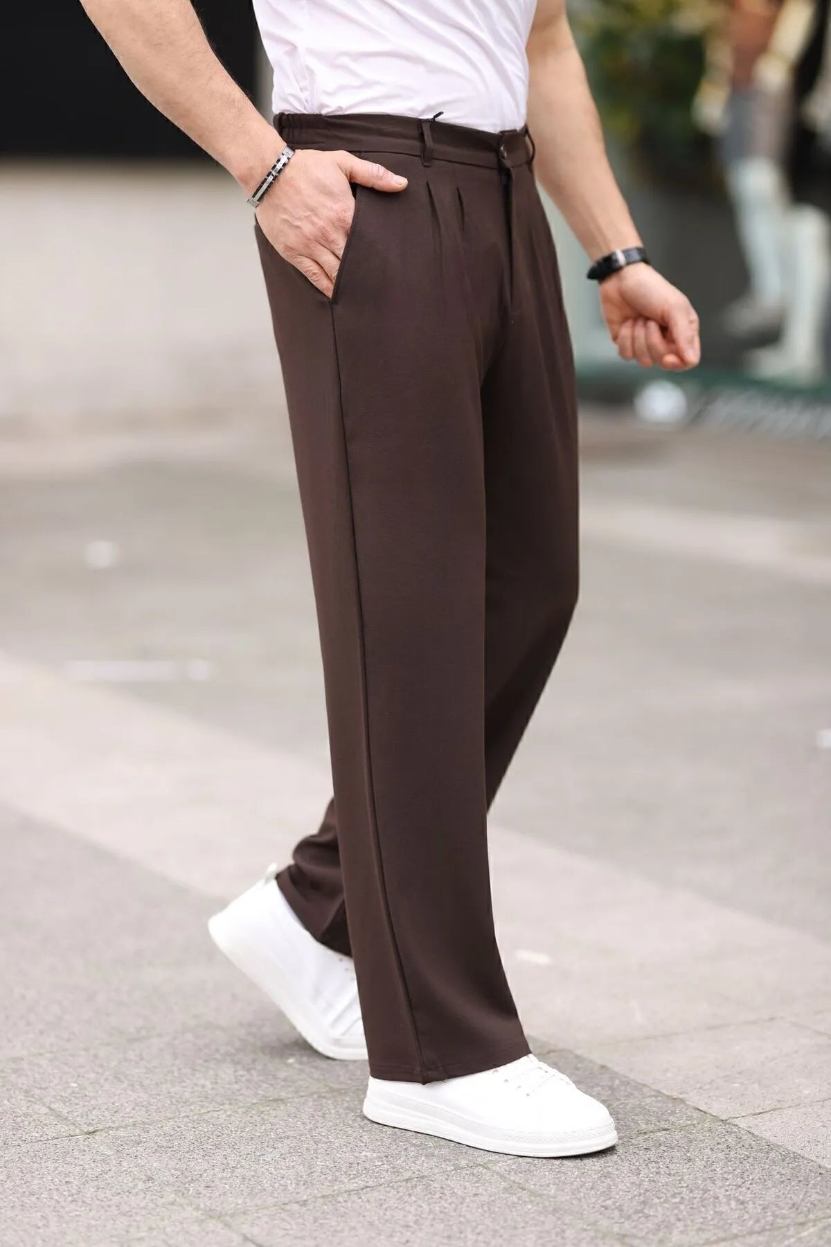 Erkek Pileli Baggy Kalıp Kumaş Pantalon - Kahve