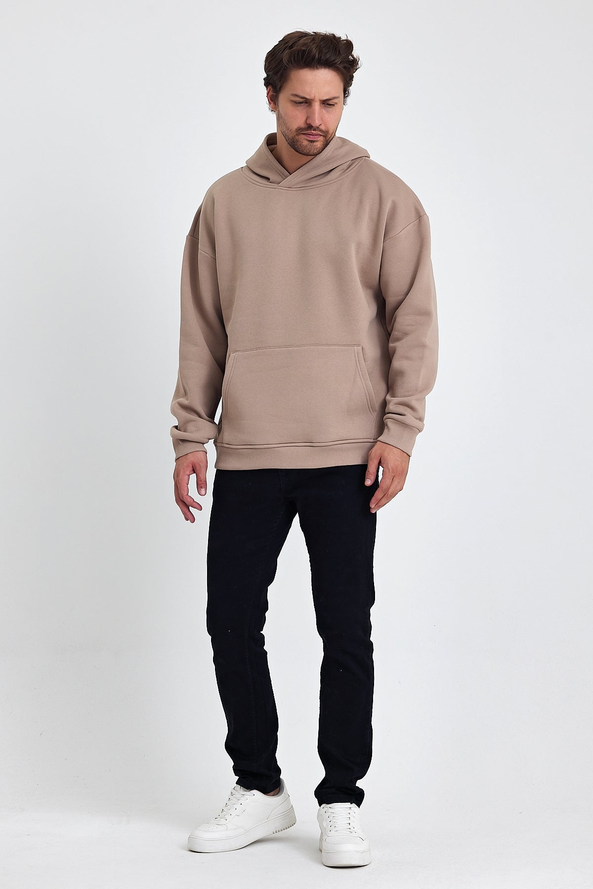 Erkek Oversize 3 İplik Kapşonlu Sweatshirt Vizon