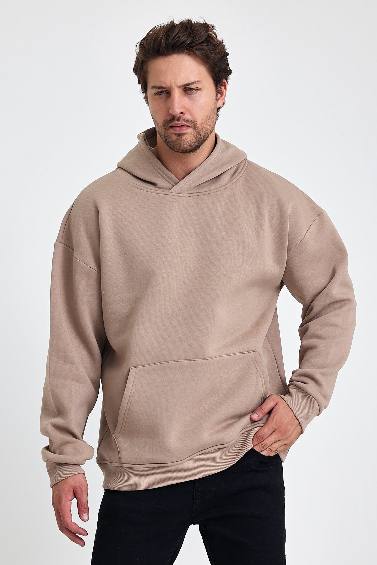 Erkek Oversize 3 İplik Kapşonlu Sweatshirt Vizon