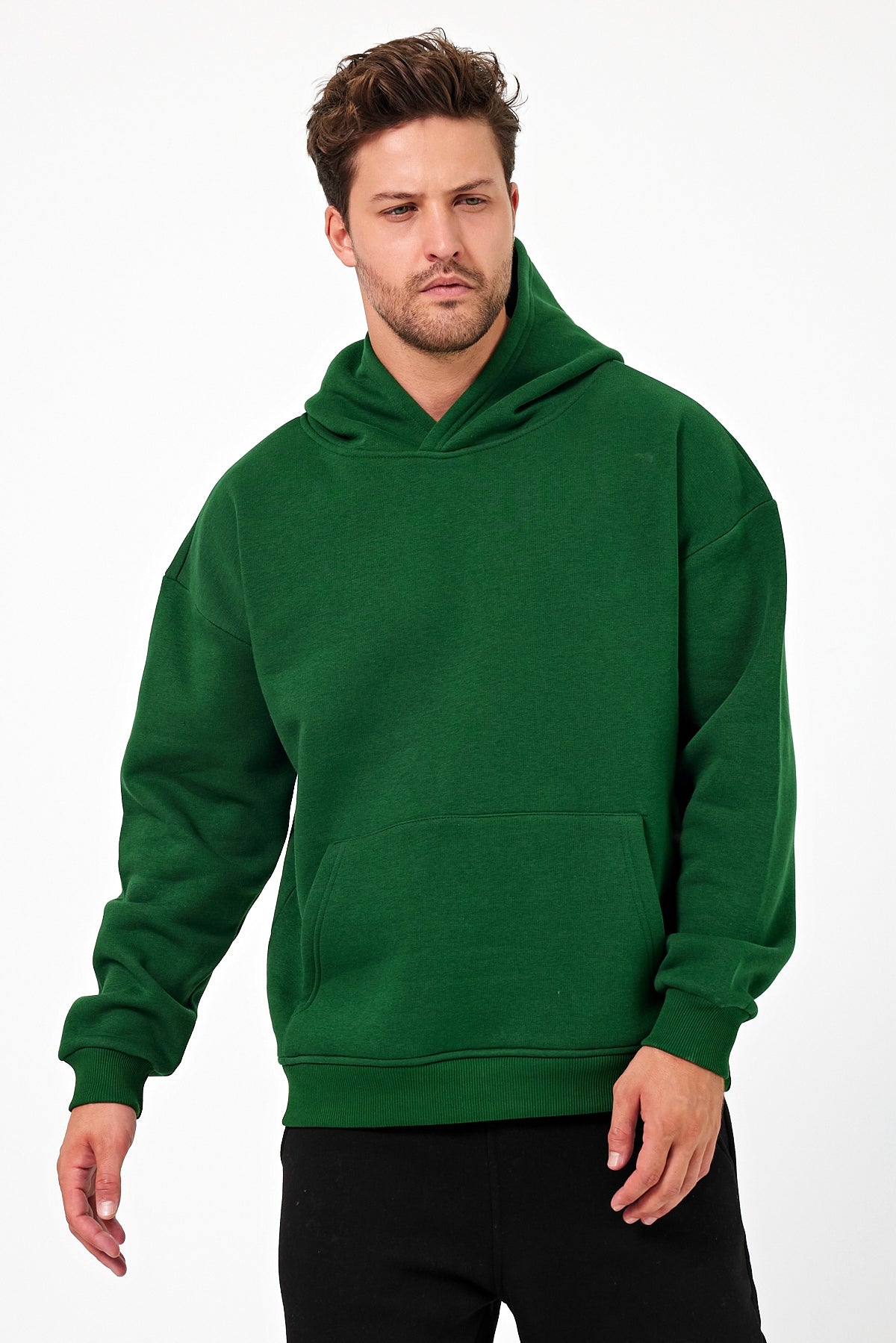 Erkek Oversize 3 İplik Kapşonlu Sweatshirt Yeşil