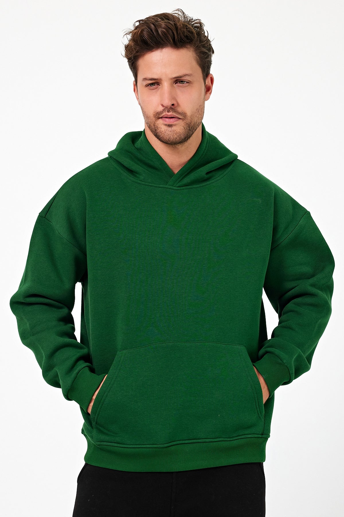 Erkek Oversize 3 İplik Kapşonlu Sweatshirt Yeşil