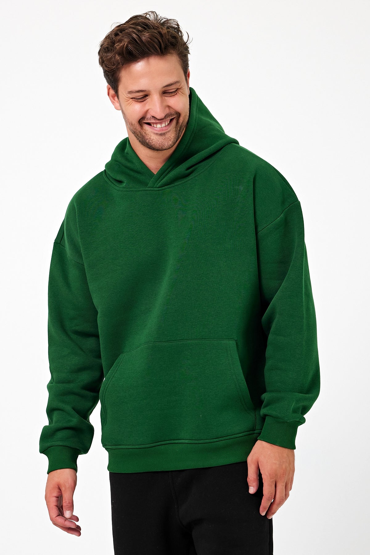 Erkek Oversize 3 İplik Kapşonlu Sweatshirt Yeşil