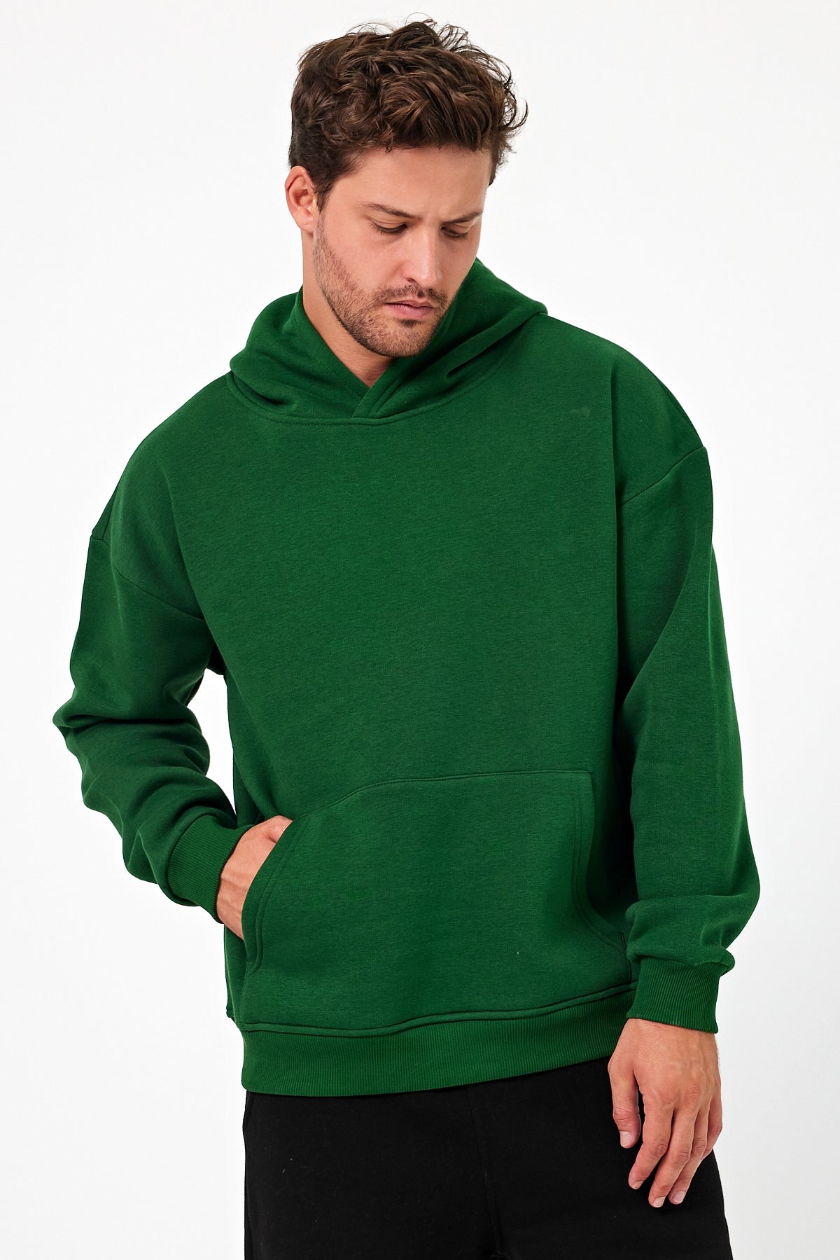 Erkek Oversize 3 İplik Kapşonlu Sweatshirt Yeşil