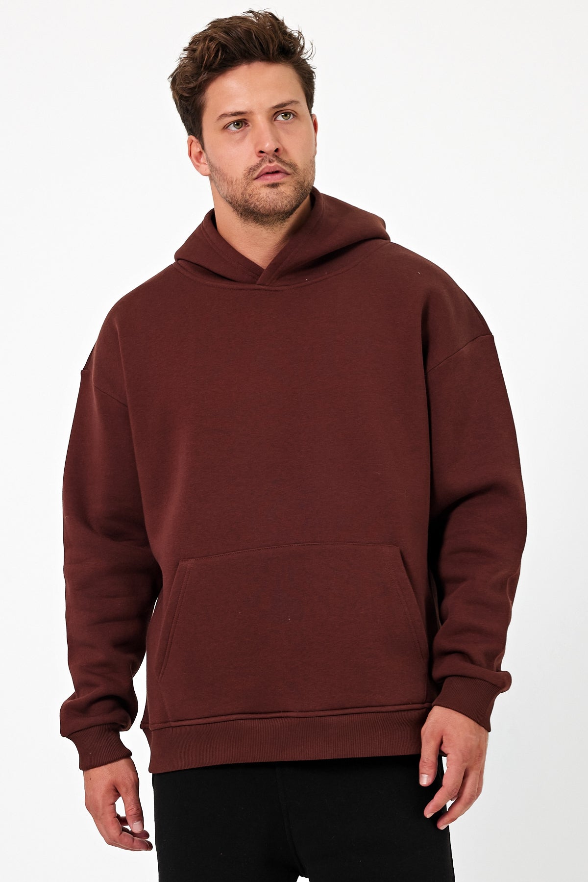 Erkek Oversize 3 İplik Kapşonlu Sweatshirt Çikolata