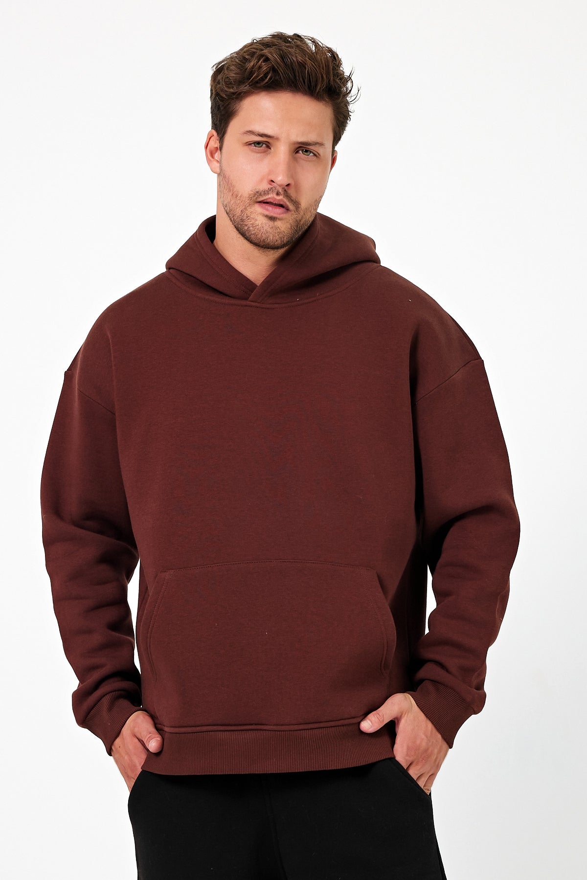 Erkek Oversize 3 İplik Kapşonlu Sweatshirt Çikolata