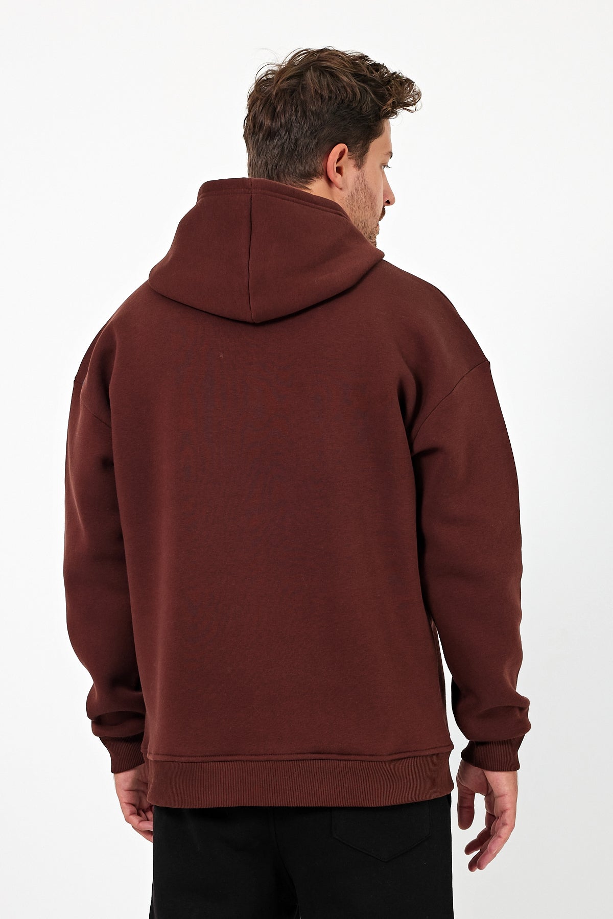 Erkek Oversize 3 İplik Kapşonlu Sweatshirt Çikolata