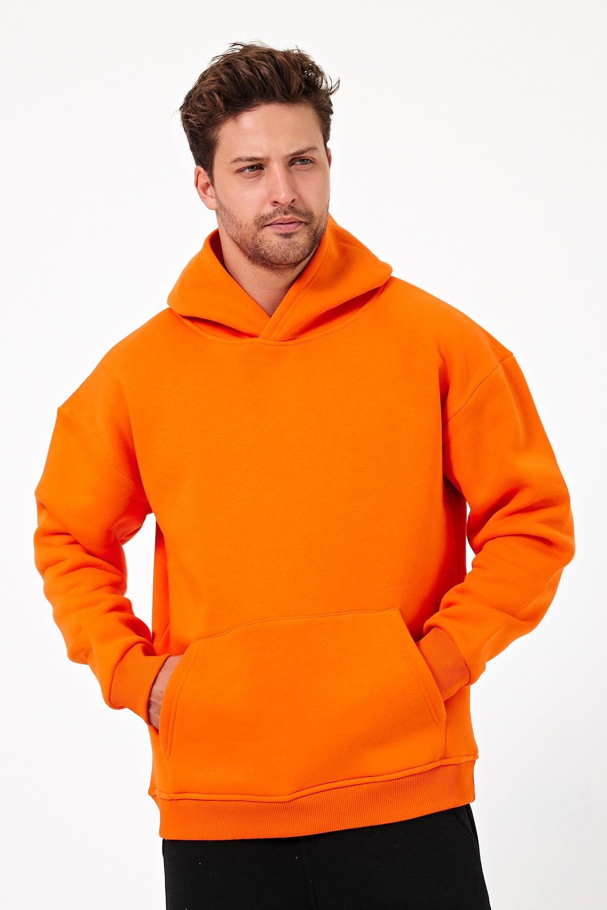 Erkek Oversize 3 İplik Kapşonlu Sweatshirt Turuncu