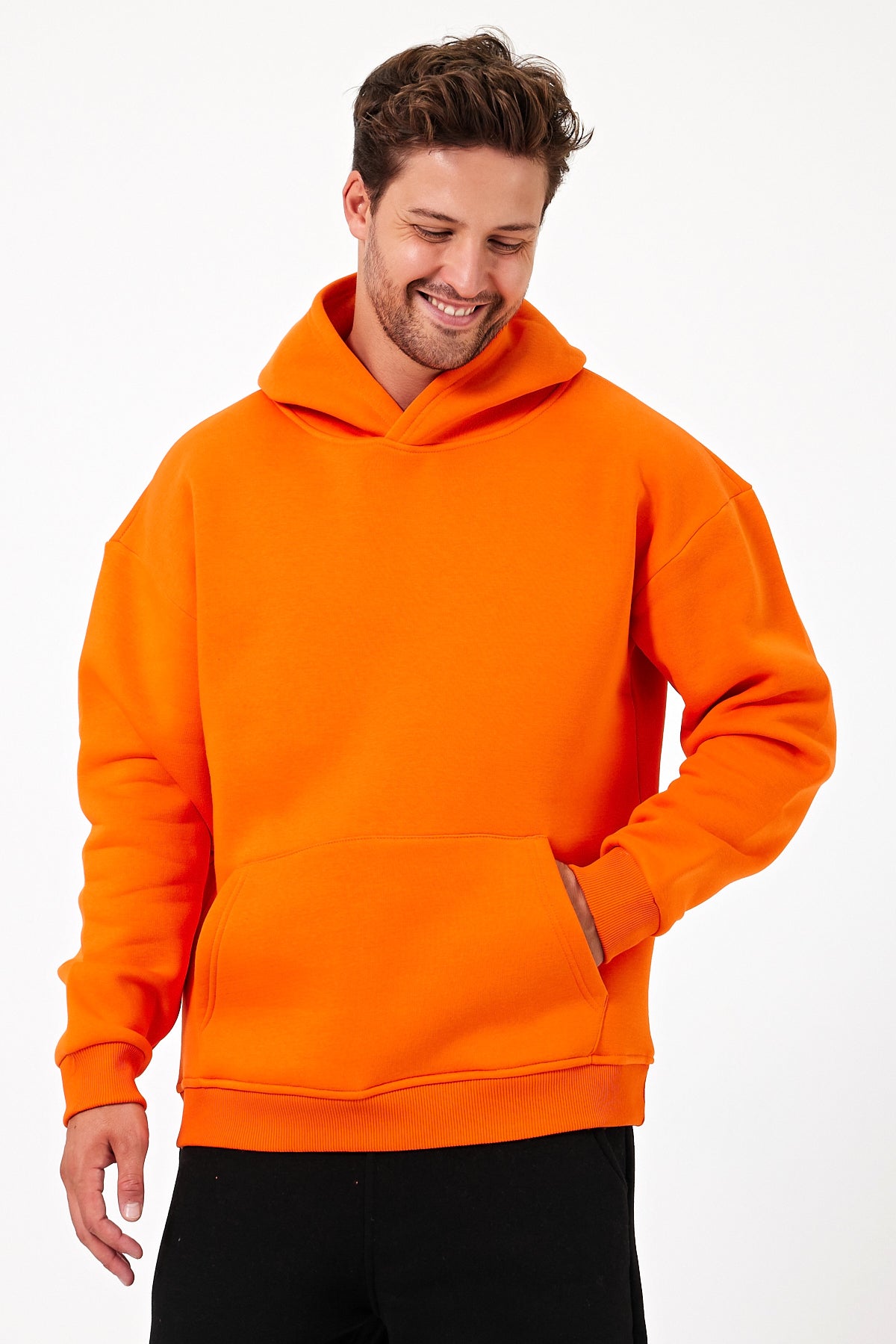 Erkek Oversize 3 İplik Kapşonlu Sweatshirt Turuncu