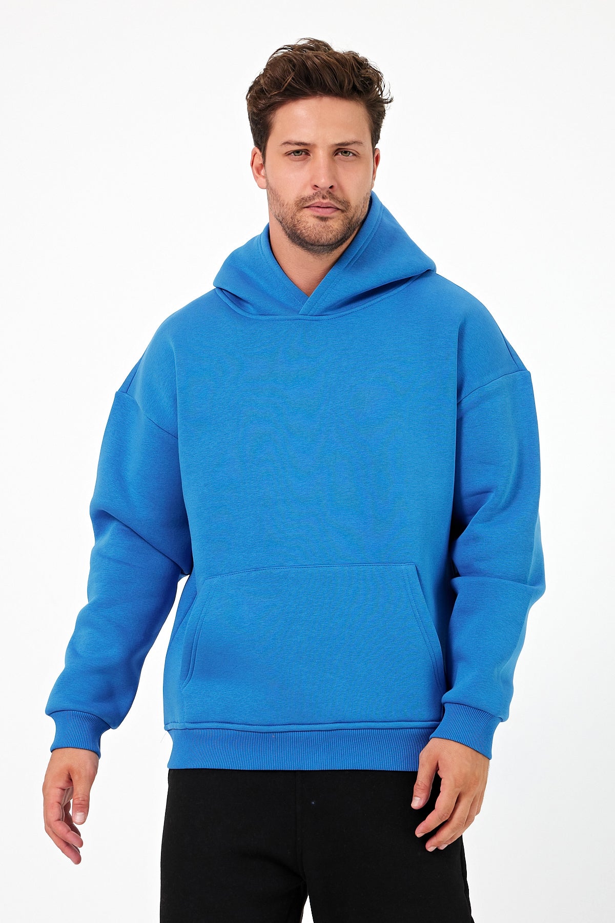 Erkek Oversize 3 İplik Kapşonlu Sweatshirt Mavi