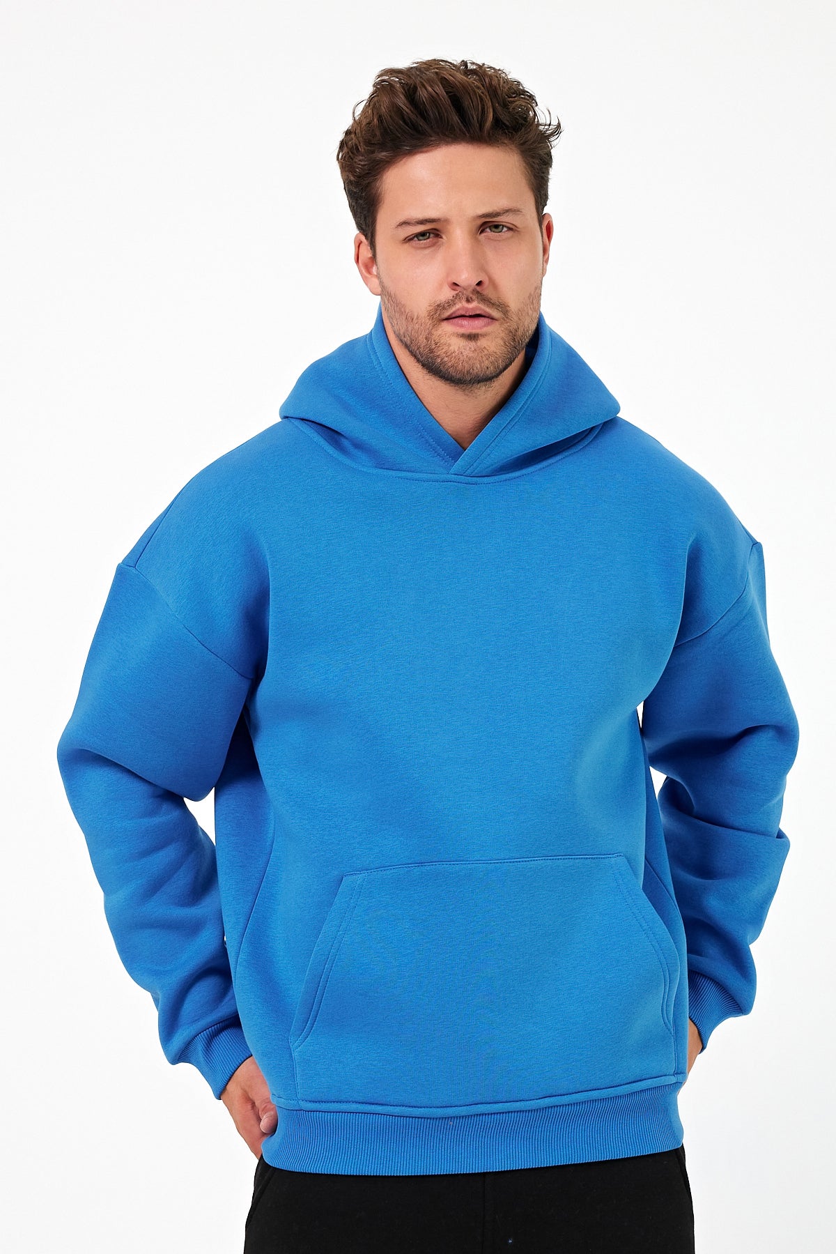 Erkek Oversize 3 İplik Kapşonlu Sweatshirt Mavi