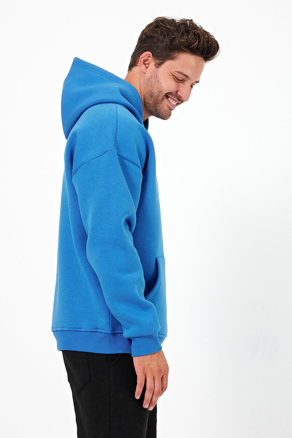 Erkek Oversize 3 İplik Kapşonlu Sweatshirt Mavi