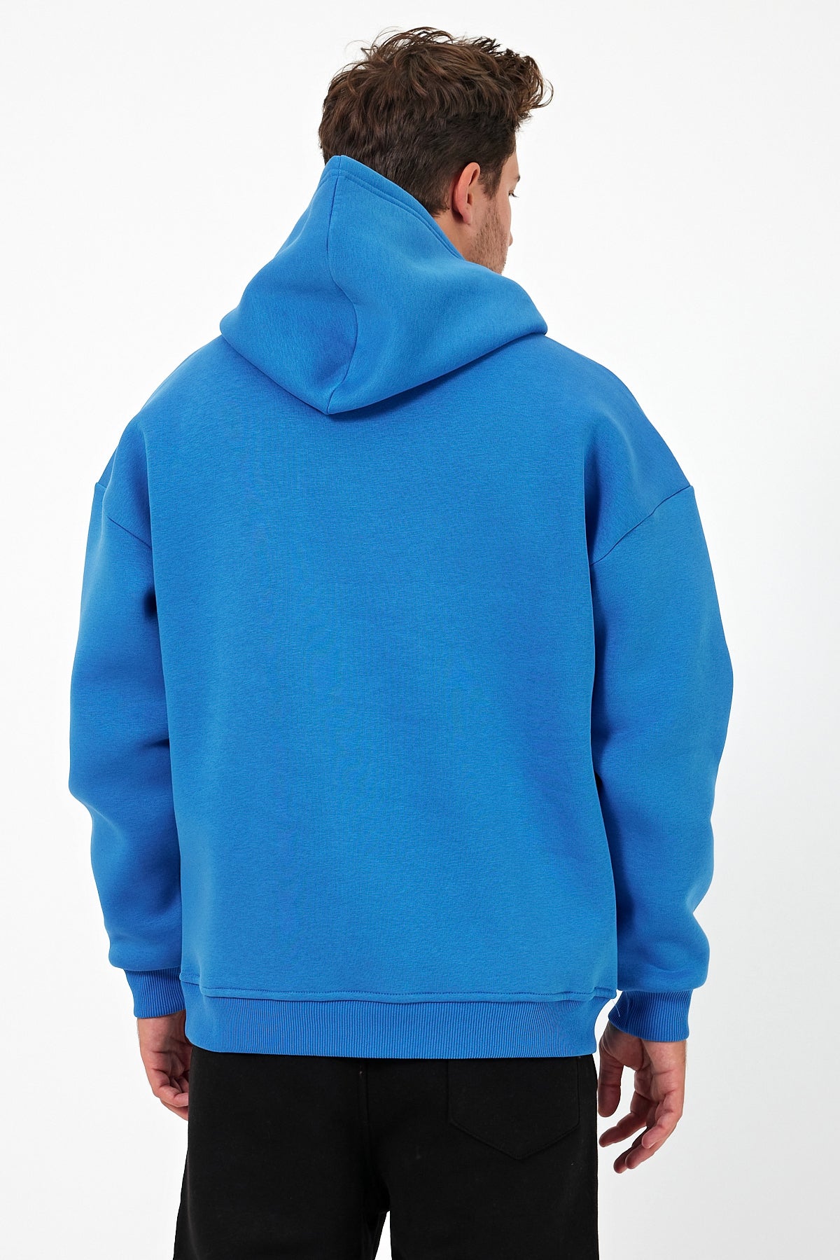 Erkek Oversize 3 İplik Kapşonlu Sweatshirt Mavi