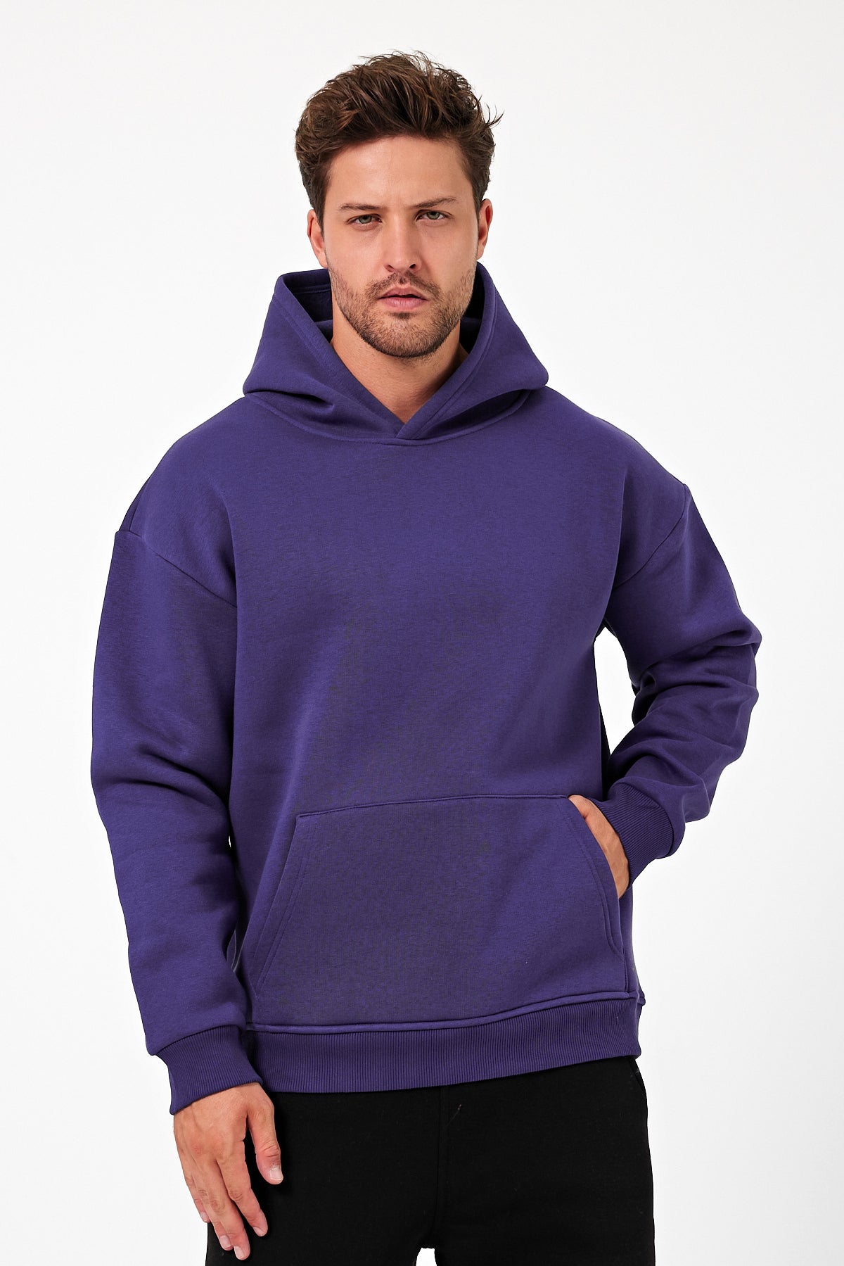 Erkek Oversize 3 İplik Kapşonlu Sweatshirt Mor