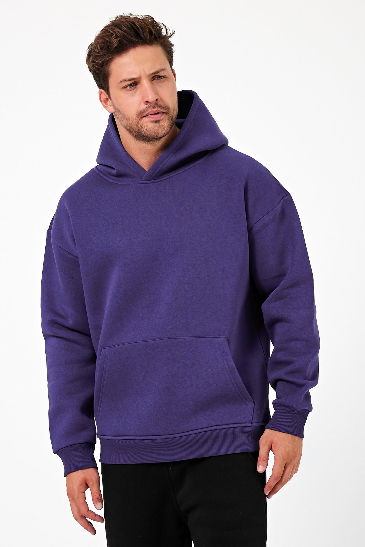 Erkek Oversize 3 İplik Kapşonlu Sweatshirt Mor