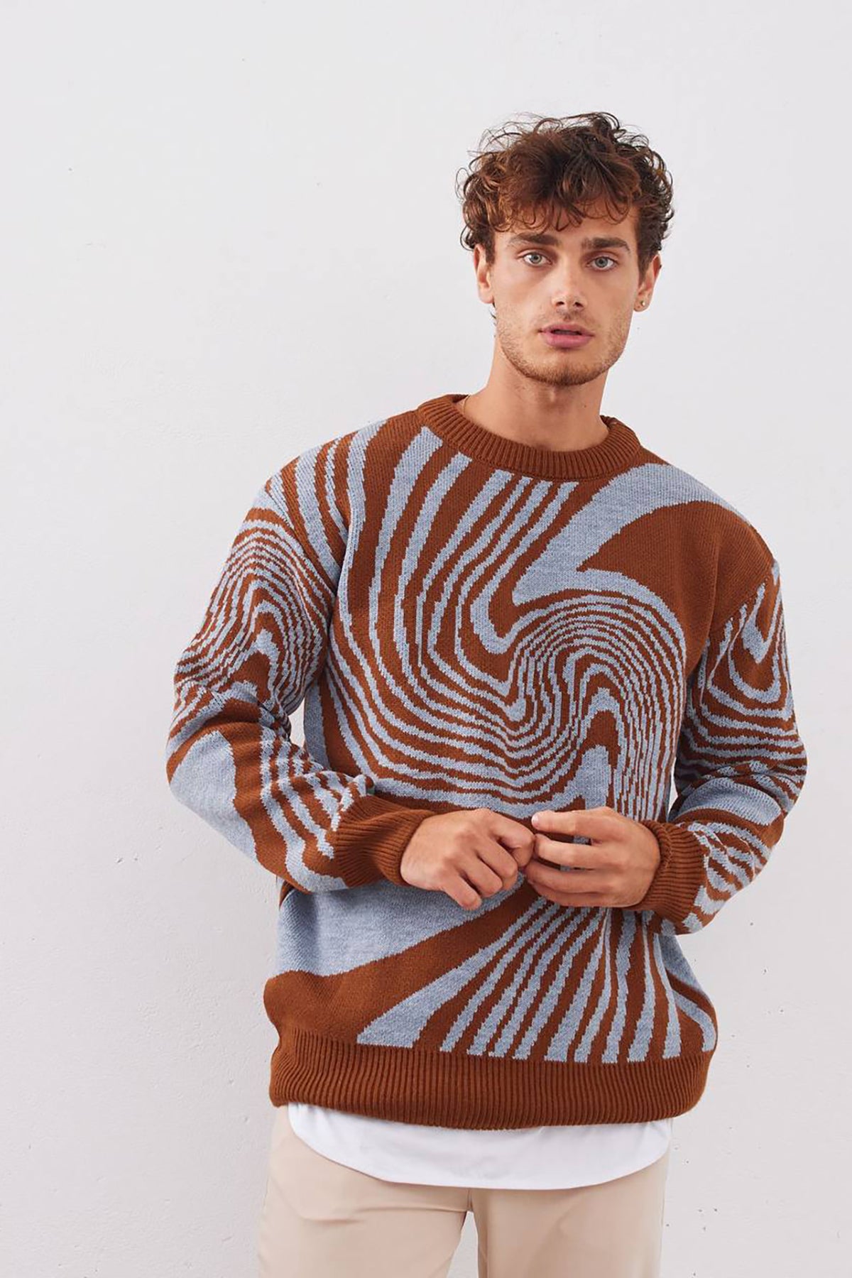 Tek Beden Desenli Oversize Triko Sweatshirt Kahverengi